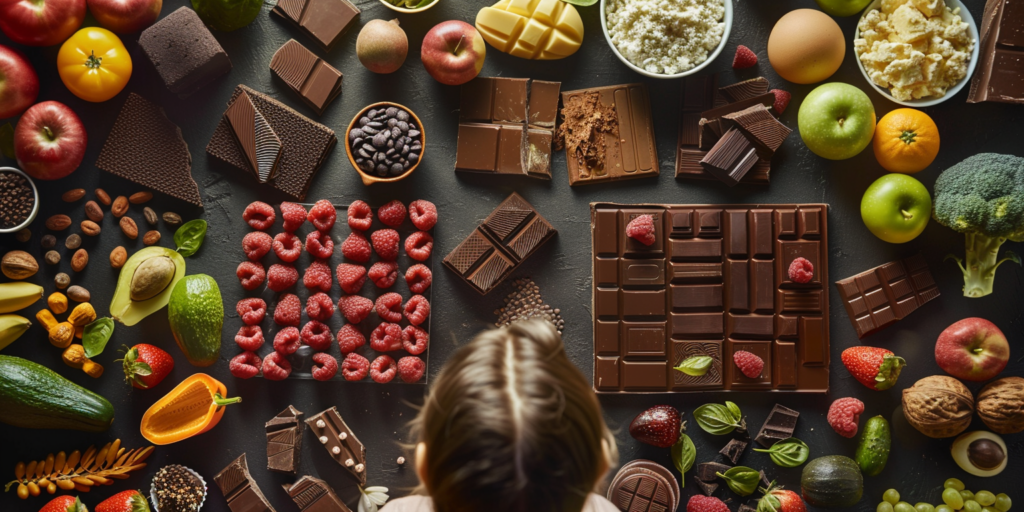 Une personne confrontée à un choix entre du sucre (carré de chocolat) et une variété d'aliments sains