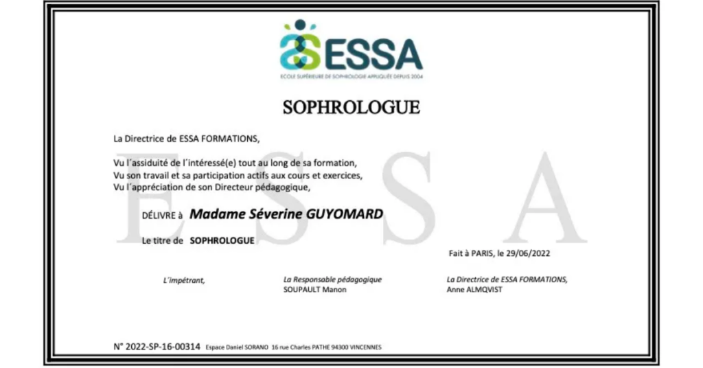 Diplôme de sophrologue de Séverine Guyomard